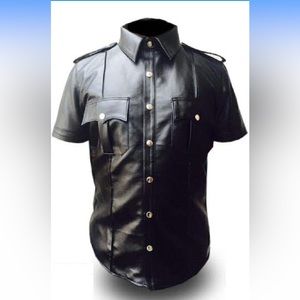 Men's REAL cowhide leather Police Style, short sleeve shirt.   Size (M/L)